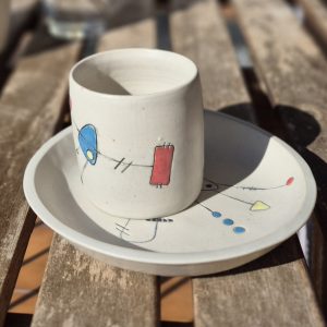 Tasse à café en céramique fait main avec soucoupe, collection Géometrik Atelier Kaolin Grenoble